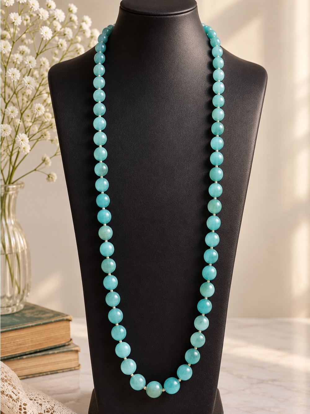 Vintage Aqua Blue-Green Plastic Bead Necklace | Mid-Century Retro Statement